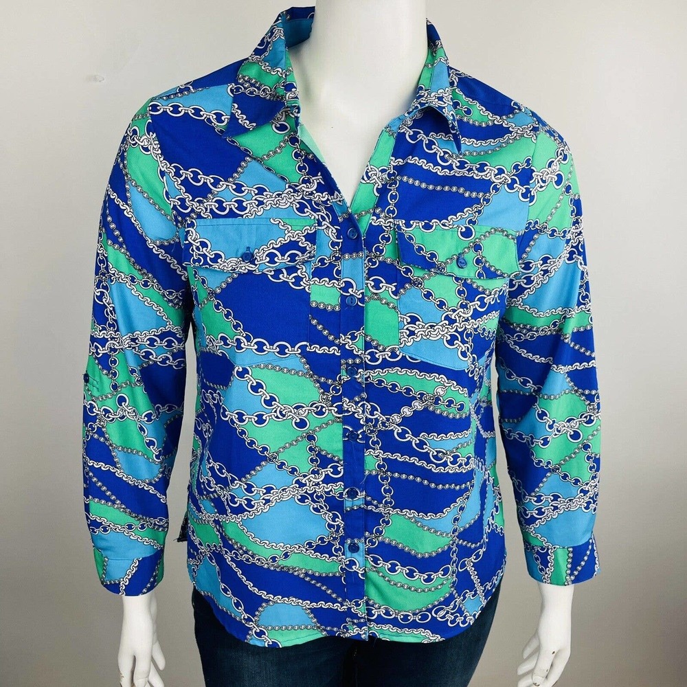 Notations Career Womans Sz Petite XL Blouse Long Sleeve Top Blue Chain - Picture 5 of 8